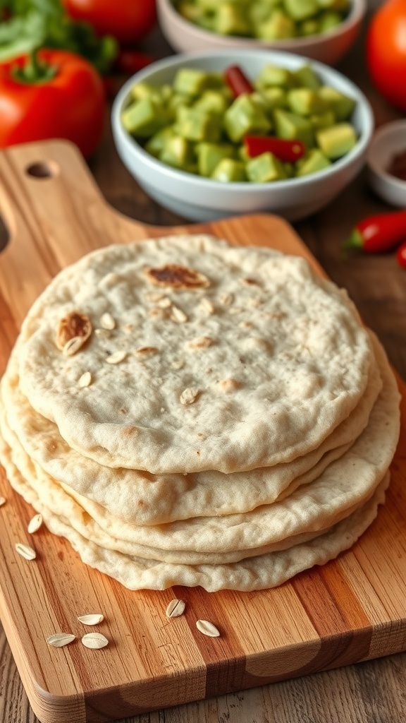 A stack of soft oatmeal tortillas on a wooden board with fresh ingredients in the background.